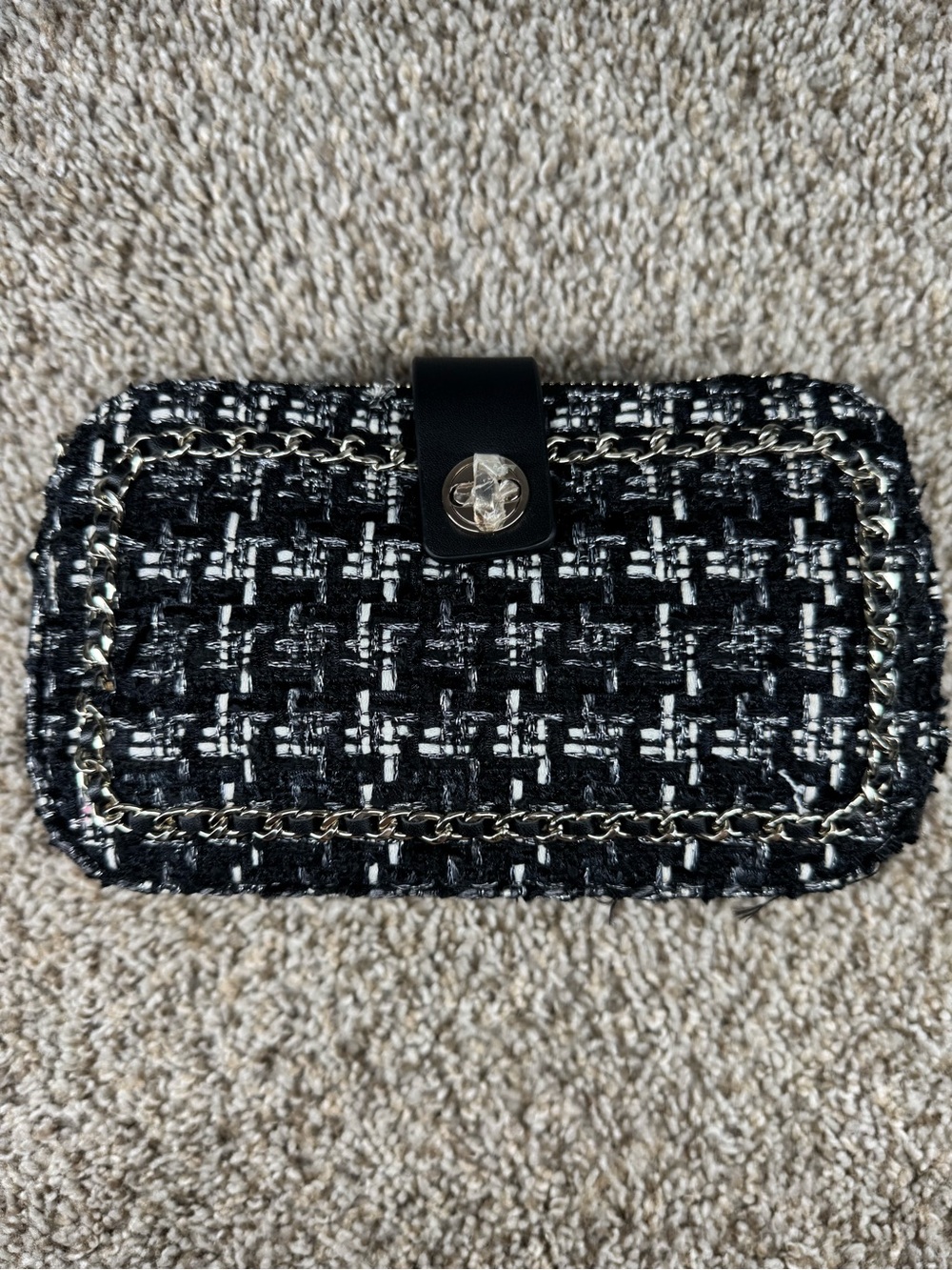 Black & White Tweed Chain-Trim Clutch